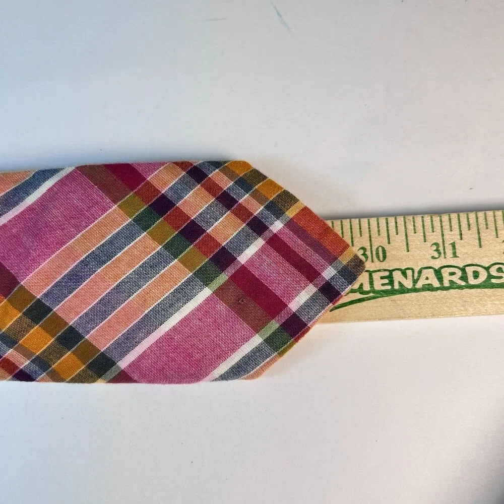 J. Crew Men's Pink Orange Multicolor Preppy Madras Plaid 100% Cotton Tie